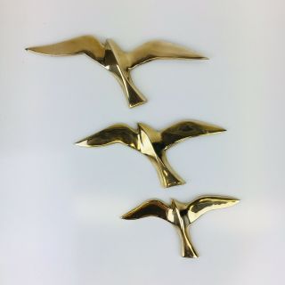 Vintage Brass 3 Seagulls Wall Hanging Art Birds In Flight Mid - Century Modern
