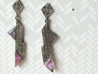 Vtg Sterling Silver Triangular Amethyst Marcasites Deco Style Long Post Earrings