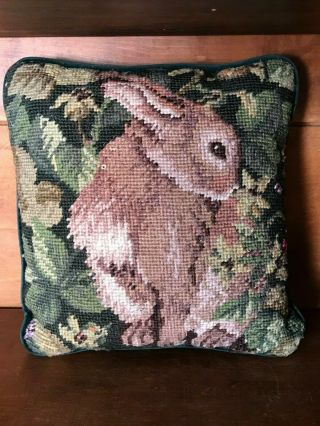 Small Vintage Needlepoint Tapestry Accent Throw Pillow Bunny Rabbit Easter