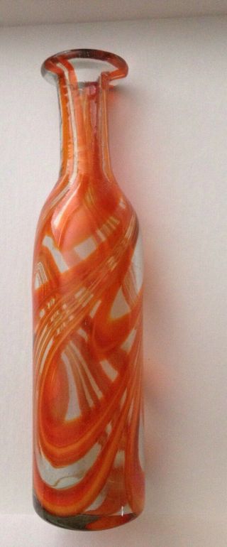 Hand Blown Vintage Orange Swirl Glass Vase 11 " X 3 " Collectible