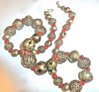 Vtg African Silver Toned Filligree Trade Bead Choker Coral Shell Unisex Necklace