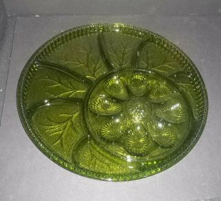 Vintage Indiana Glass Tree Of Life Green 13 " Deviled Egg And Relish Platter Vgc