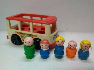 Vintage Fisher Price Little People White Red Mini Bus & Figures (fp 21)