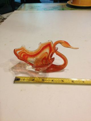 Vintage Art Glass,  Hand Blown Swan Bowl 7 " Length Multi Shades Of Orange