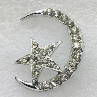 Vintage Star Moon Brooch Pin Clear Glass Rhinestone Silver Tone Costume Jewelry