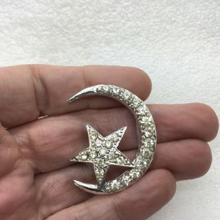 Vintage STAR MOON BROOCH Pin Clear Glass Rhinestone Silver Tone Costume Jewelry 2