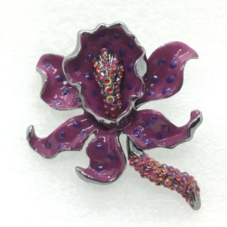 Vintage Orchid Flower Brooch Pin Rhinestone Purple Enamel Costume Jewelry