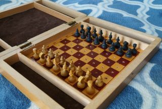 Vintage Portable Small Pocket Travel Wooden Game Chess Set Soviet Russian Ussr
