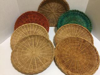 7 Vintage Wicker Rattan Bamboo Round Paper Plate Holders Multi Colored 2