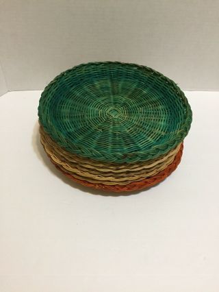 7 Vintage Wicker Rattan Bamboo Round Paper Plate Holders Multi Colored 3