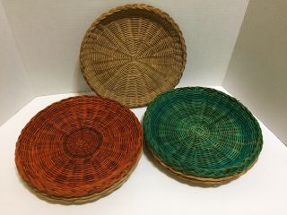 7 Vintage Wicker Rattan Bamboo Round Paper Plate Holders Multi Colored 4