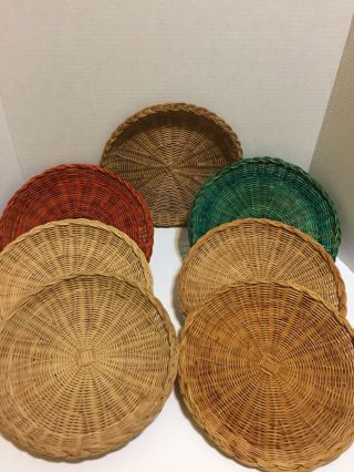 7 Vintage Wicker Rattan Bamboo Round Paper Plate Holders Multi Colored 5