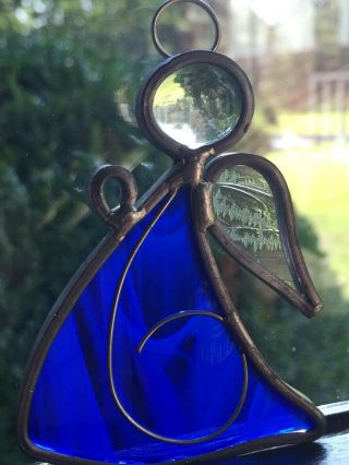 Vintage Stained Glass Window Angel Ornament Suncatcher Blue