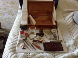Vintage Grandpas Grandmas Junk Drawer Watches,  Pins,  Cedar Box,  Button Pulls,