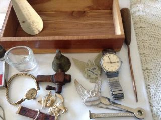 Vintage Grandpas Grandmas Junk Drawer Watches,  Pins,  Cedar Box,  Button Pulls, 4