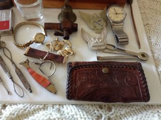 Vintage Grandpas Grandmas Junk Drawer Watches,  Pins,  Cedar Box,  Button Pulls, 5