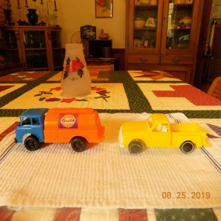 Vintage Plastic Gay toys Cab Over Gulf Gas Truck and Yellow Pick Up Truck 2