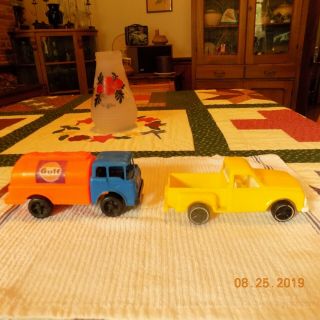 Vintage Plastic Gay toys Cab Over Gulf Gas Truck and Yellow Pick Up Truck 4
