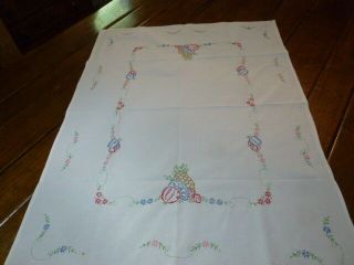 Vintage Hand Embroidered Tablecloth Fruits Pineapples Plums Grapes Strawberries