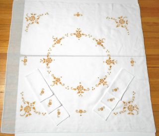 Vintage Sheer Linen/cotton White Floral Embroidered Tablecloth 32x33,  6 Napkins