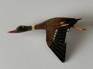 Vintage Hand Carved Painted Wood Duck Bird Pin Folk Art