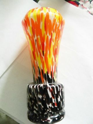 Vintage Murano?czech Spatter Glass Vase Handblown Orange Red Purple Yellow L@@k