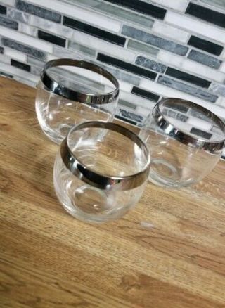 (3) Vintage Dorothy Thorpe Style Silver Band Roly Poly Cocktail Glasses 2lg 1sm