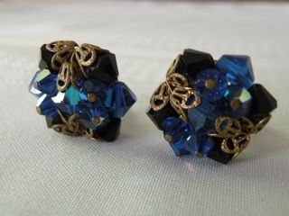 Vintage Aurora Borealis Cluster Sapphire Blue Ab Rhinestone Clip On Earrings