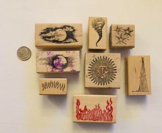 8 Vintage Rubber Stamps Clouds,  Antique Sun,  Fire,  Flames,  Water,  Stars,  Tornado
