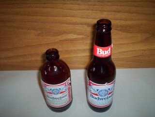 2 Vintage Budweiser 9 " Long Neck & 6 1/2 " Stubby Beer Bottles Canada Bud