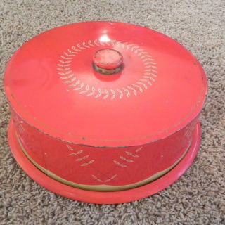 01746 Vintage Red & White Enamel Enamelware Metal Cake Pie Carrier Display Old