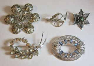 Set Of 5 Vintage Sterling Silver Filigree Crystal Brooches: Carl - Art,  Topazio.