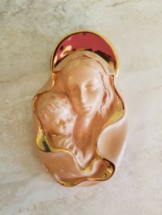 Vintage Terra Cotta Gold Trim Blessed Mother Virgin Mary Madonna W Child Italy