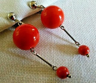 Vintage Mid Century Red Orange Lucite Beads Long Dangle Drop Clip Earrings