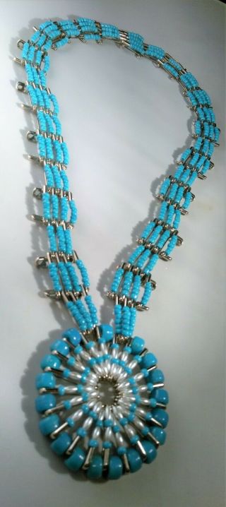 Vintage Handmade Safety Pin Necklace Turquoise Blue Southwestern Medallion 28 "