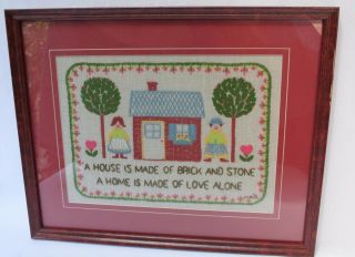 Vintage Crewel Embroidery Finished Framed House Home Scene 18 1/4 " X 15 "