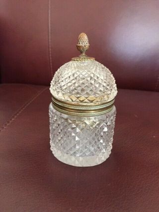 Vintage French Diamond Cut Crystal Container With Brass Pineapple Top And Trim