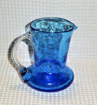 Vintage Pilgrim Aqua Blue Crackle Art Glass Squat Creamer Pitcher Hand Blown Mcm