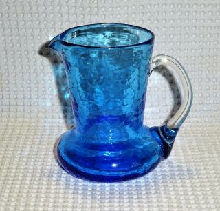 Vintage Pilgrim Aqua Blue Crackle Art Glass SQUAT Creamer Pitcher Hand Blown MCM 2