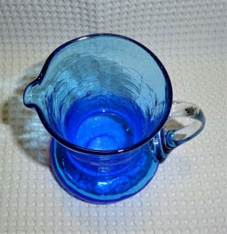 Vintage Pilgrim Aqua Blue Crackle Art Glass SQUAT Creamer Pitcher Hand Blown MCM 3