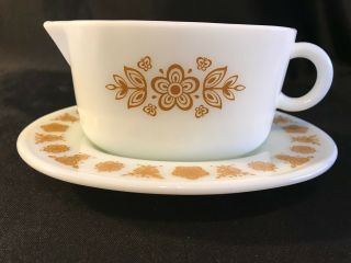 Vintage Pyrex Butterfly Gold Gravy Boat With Under Plate - Circa 70s - 80s - 77b 77u