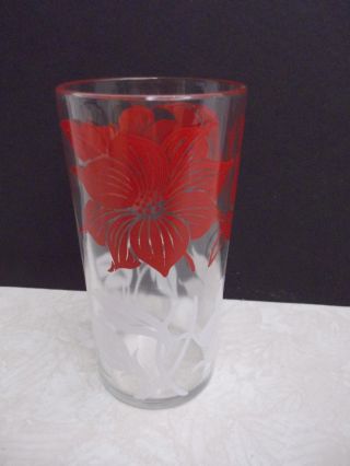 Gl229 Vintage 8 Oz.  Red & White Poinsettia Design Drinking Glass