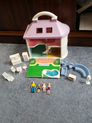 Vtg Blue Box Dream House Carry Along Doll House With Dolls And Furniture Vguc
