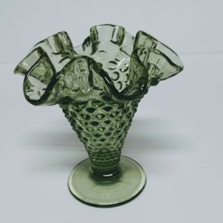 Small Vintage Fenton Colonial Green Glass Hobnail Vase Ruffled Edge 2