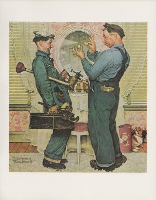 1977 Vintage " The Plumbers " Lol Norman Rockwell Mini Poster Color Art Lithograph