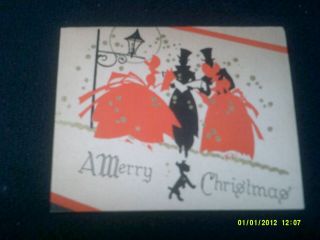 Vintage Christmas Card Black And Red Silhouettes Under A Lamp Post