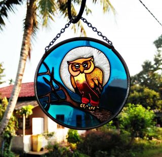 Vintage Mini Circle Stained Glass Suncatcher Owl In Full Moon Night Hang Window