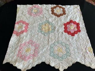 Vintage Hand Quilted Grandma’s Flower Garden Cutter Quilt Piece