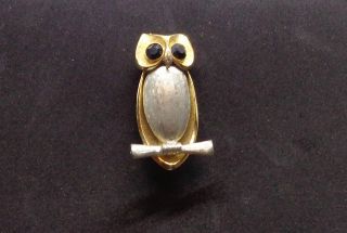 Vintage Brushed Silvertone & Goldtone Perched Owl Pin / Brooch - Black Bead Eyes