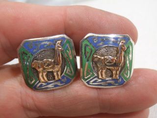 Vintage Peru Sterling Silver 18k Gold Llama Cufflinks - Green,  Blue Enamel - 8.  1g